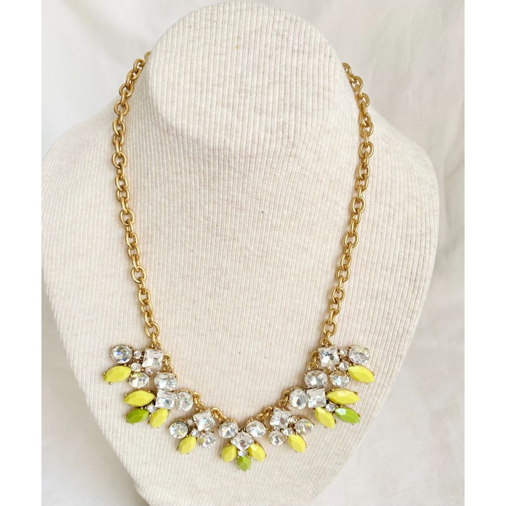 💎J. Crew Matinee Necklace Green & Clear Stones Various Shapes Gold Tone Chain